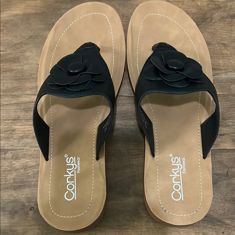 Corkys Black and Tan Floral Sandals size 10 So Delish NEW - Picture 3 of 6